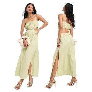Pretty Lavish ruched cut-out midaxi dress in olive, Size 8